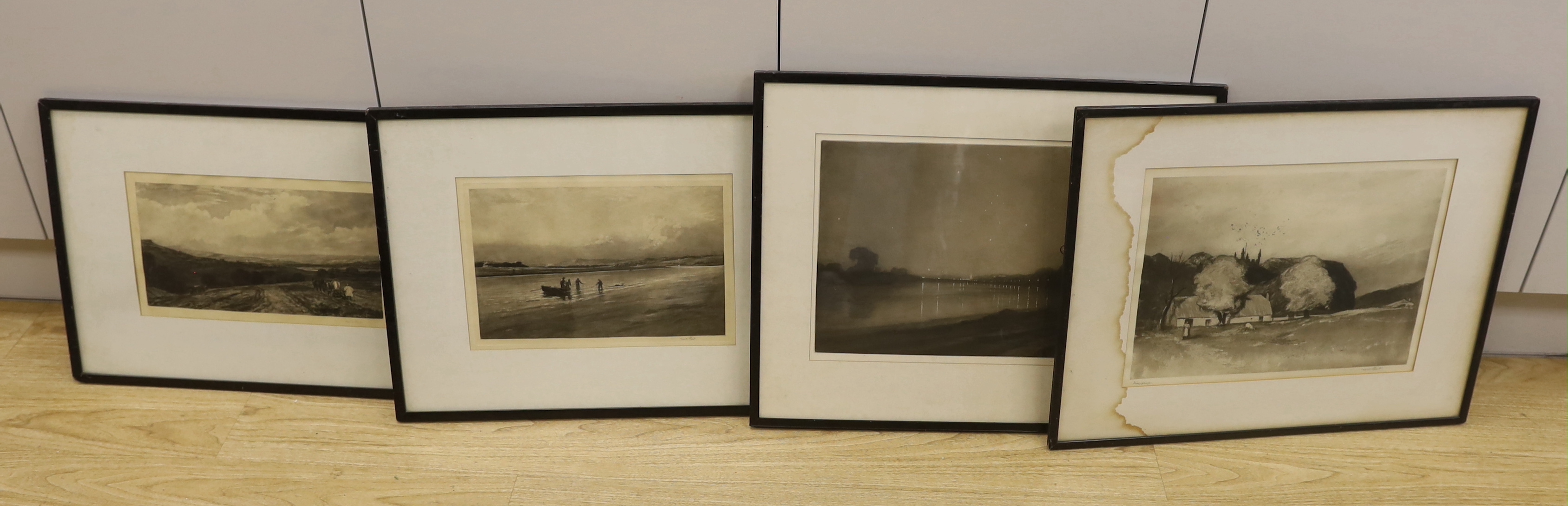 Sir Frank Short (1857-1945) set of four mezzotints, including one titled ‘Ploughing’ after De Wint, signed in pencil, some inscribed verso, largest 40 x 29cm